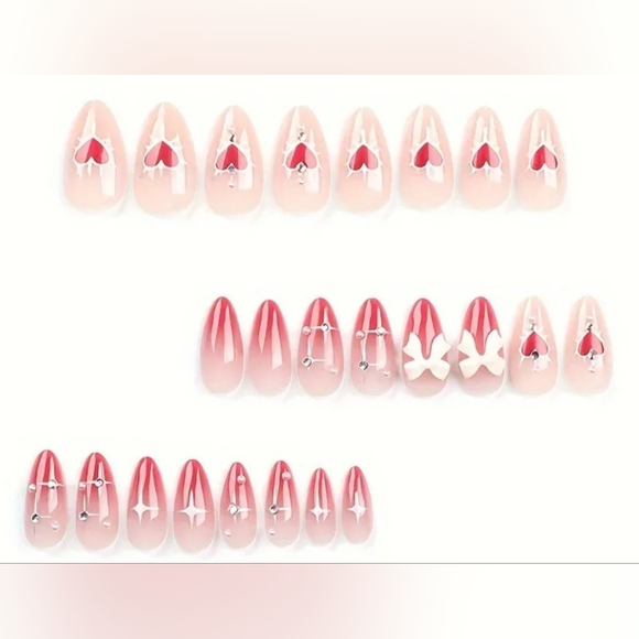 Valentine's Day Red Gradient Press-On Fake Nails with Heart, 3D Bow/Medium - Picture 5 of 11